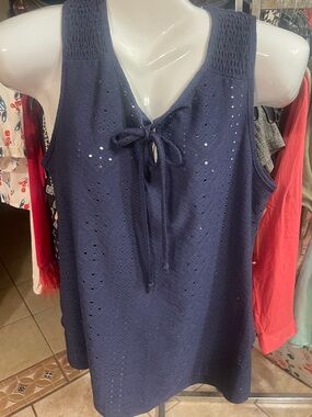 SJS Navy Eyelet Tie-Front Tank Top